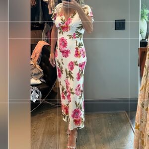 New w/ tags  linen blend womens floral midi dress elegant pink